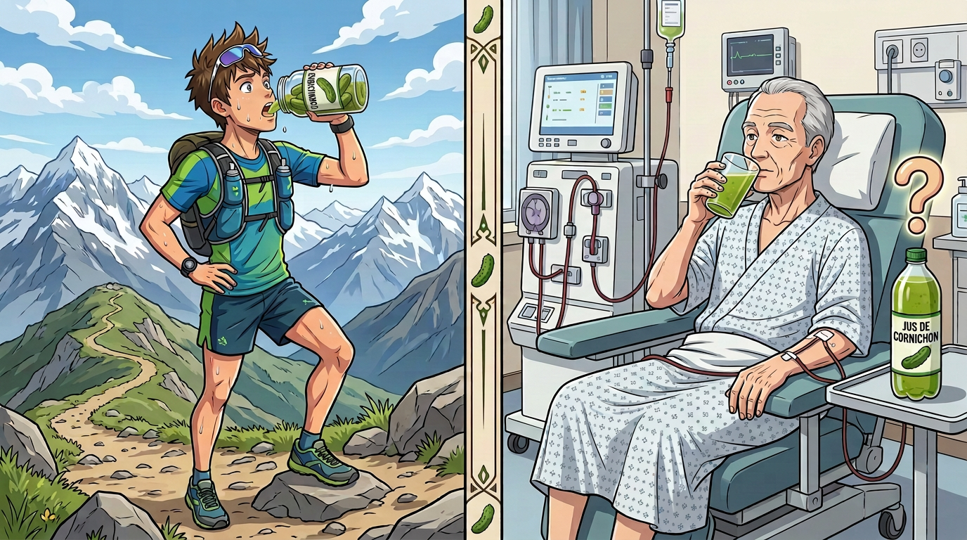 Jus de cornichon et crampes : un réflexe nerveux, pas une recharge en sel